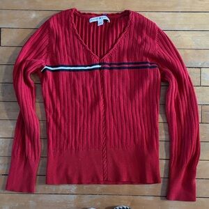 EUC Tommy Hilfiger Red V-Neck Sweater with Stripe Detail